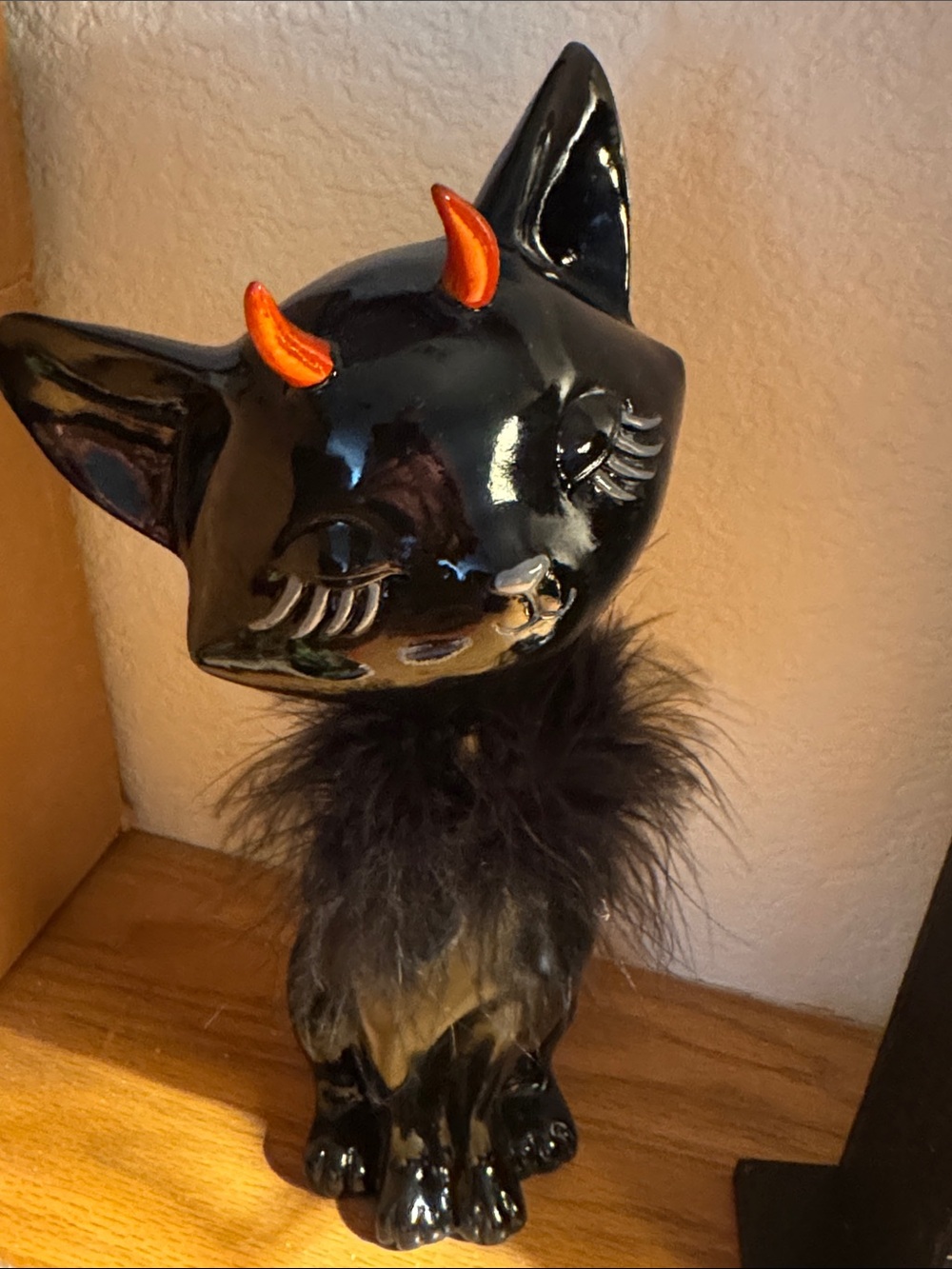 Black Decorative Cat Figurine with Orange Horns Halloween decor